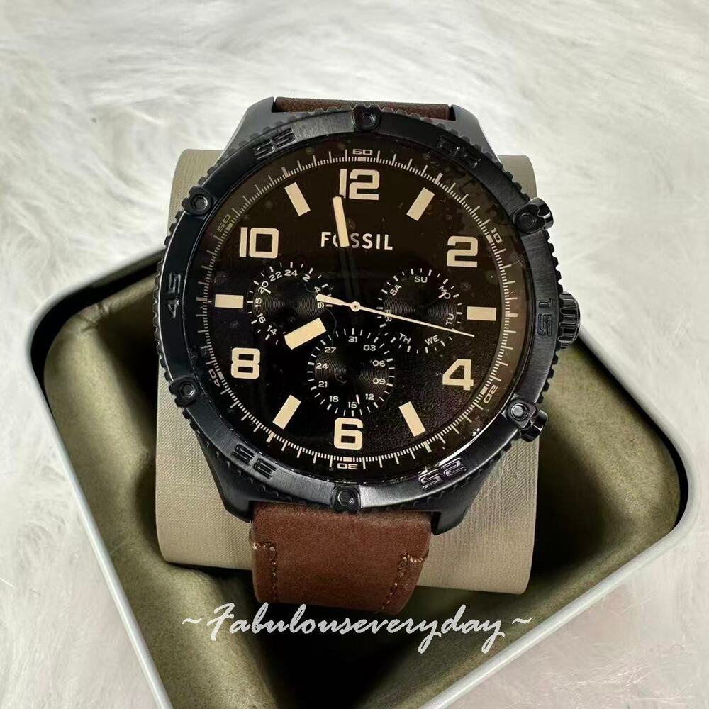 FOSSIL Men's Brox Multifunction Brown Leather Watch Black Dial 50mm BQ2802 NWT